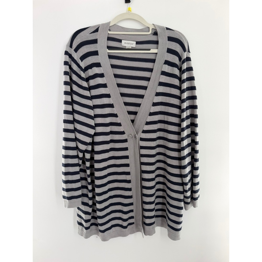 Avenue Womens Cardigan Sweater Plus Size 22/24 Striped V-Neck Knit Gray Navy